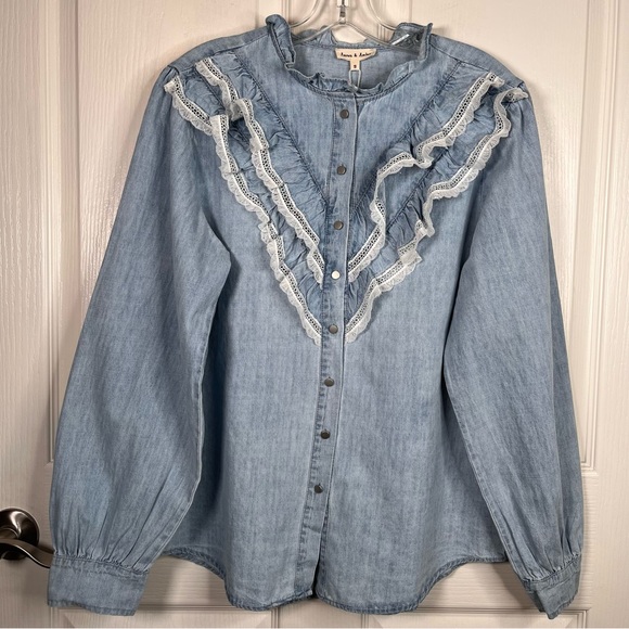 Aaron & Amber Chambray Ruffle Lace Button Front Shirt Sz S Puff Sleeves - Picture 16 of 16